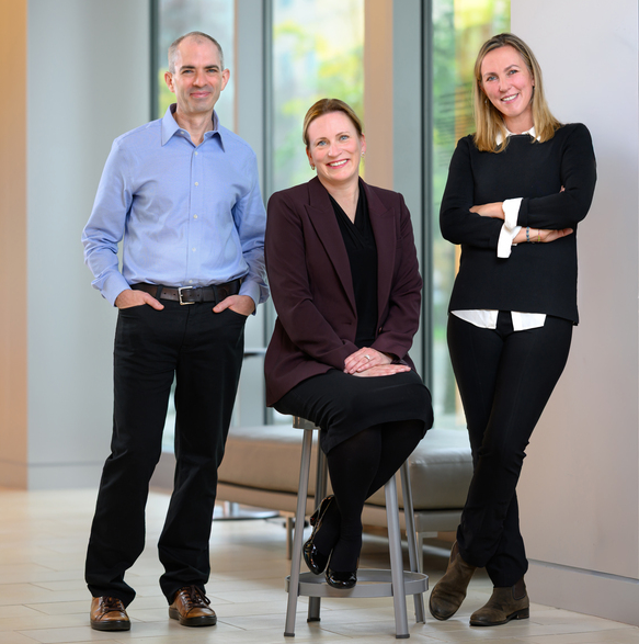 The HEALS Leadership team poses in the Koch Institute Galleries: (left to right) Angela Koehler, Iain Cheeseman, and Katharina Ribbeck.