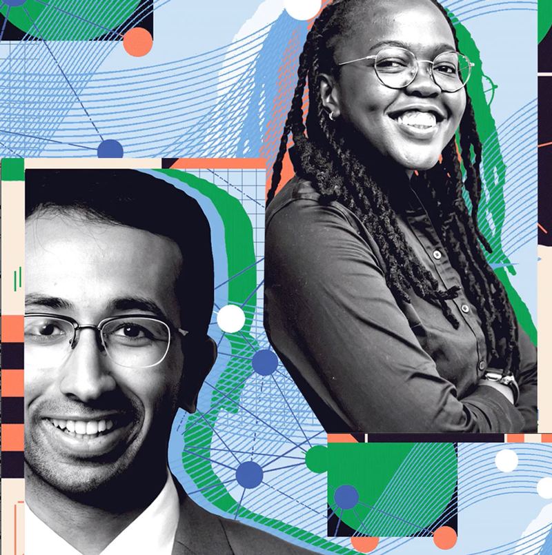 Portraits of Arjav Shah and Perseverance “Persy” Patsika are part of an abstract image collage.