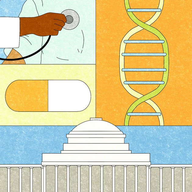 A collage of conceptual illustrations representing the story's theme: computer code, a DNA strand, a researcher and microscope, a patient and doctor, anchored by MIT's Great Dome.